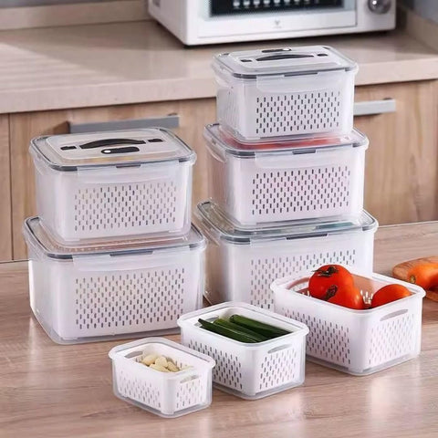 Plastic Refrigerator Food Storage Container Set with Strainers, 5-Piece Multi-Size Airtight Kitchen Organizer Boxes for Produce, 800ml to 6200ml Clear