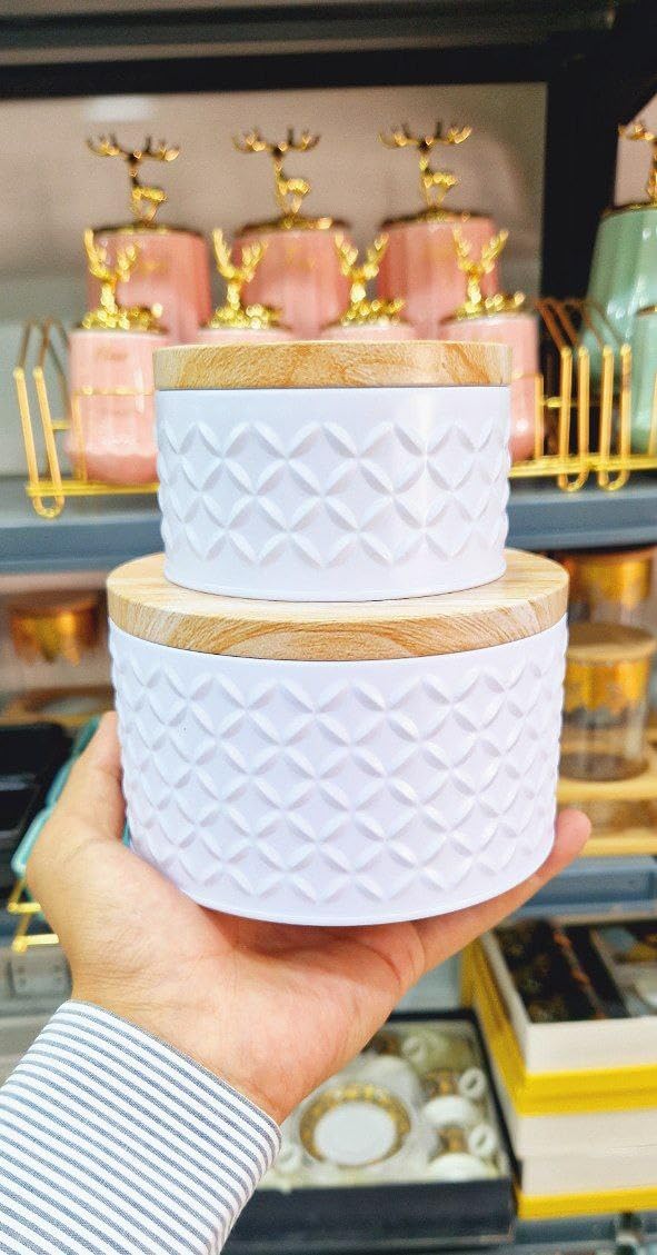 Generic Decorative Storage Tin Boxes with Wooden Lids, White Diamond Pattern, Set of 2, Round Metal Containers for Treats (g)
