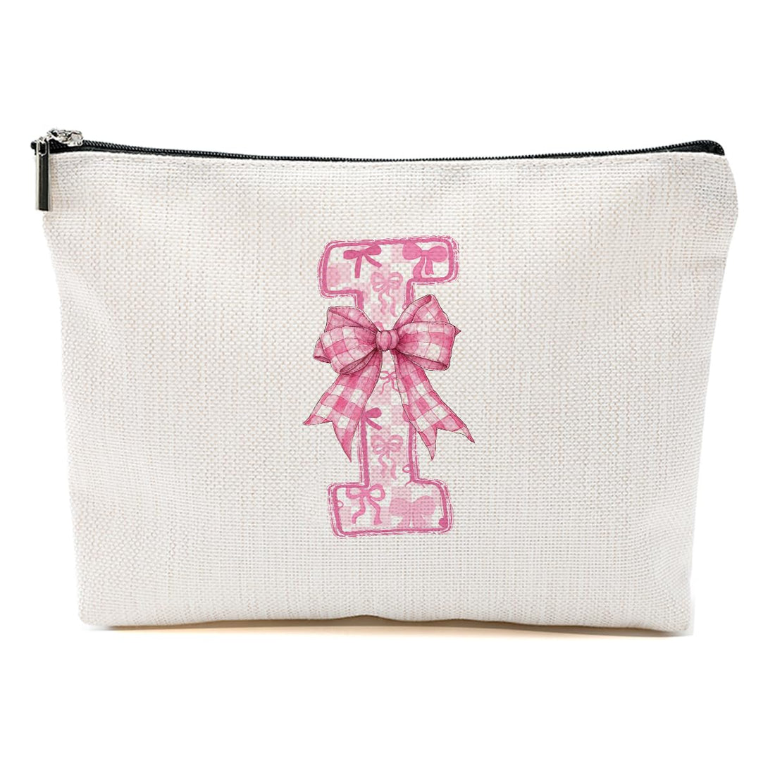 MQBMQB Personalized Initial Letter Makeup Bag, Rose Initial Cosmetic Bag with Zipper Birthday Gifts for Women Girls, Pink bow I, 9.62 * 7.42 Inches, Pink Bow