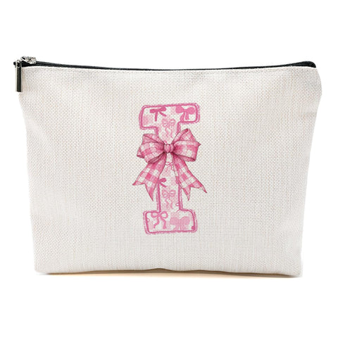 MQBMQB Personalized Initial Letter Makeup Bag, Rose Initial Cosmetic Bag with Zipper Birthday Gifts for Women Girls, Pink bow I, 9.62 * 7.42 Inches, Pink Bow
