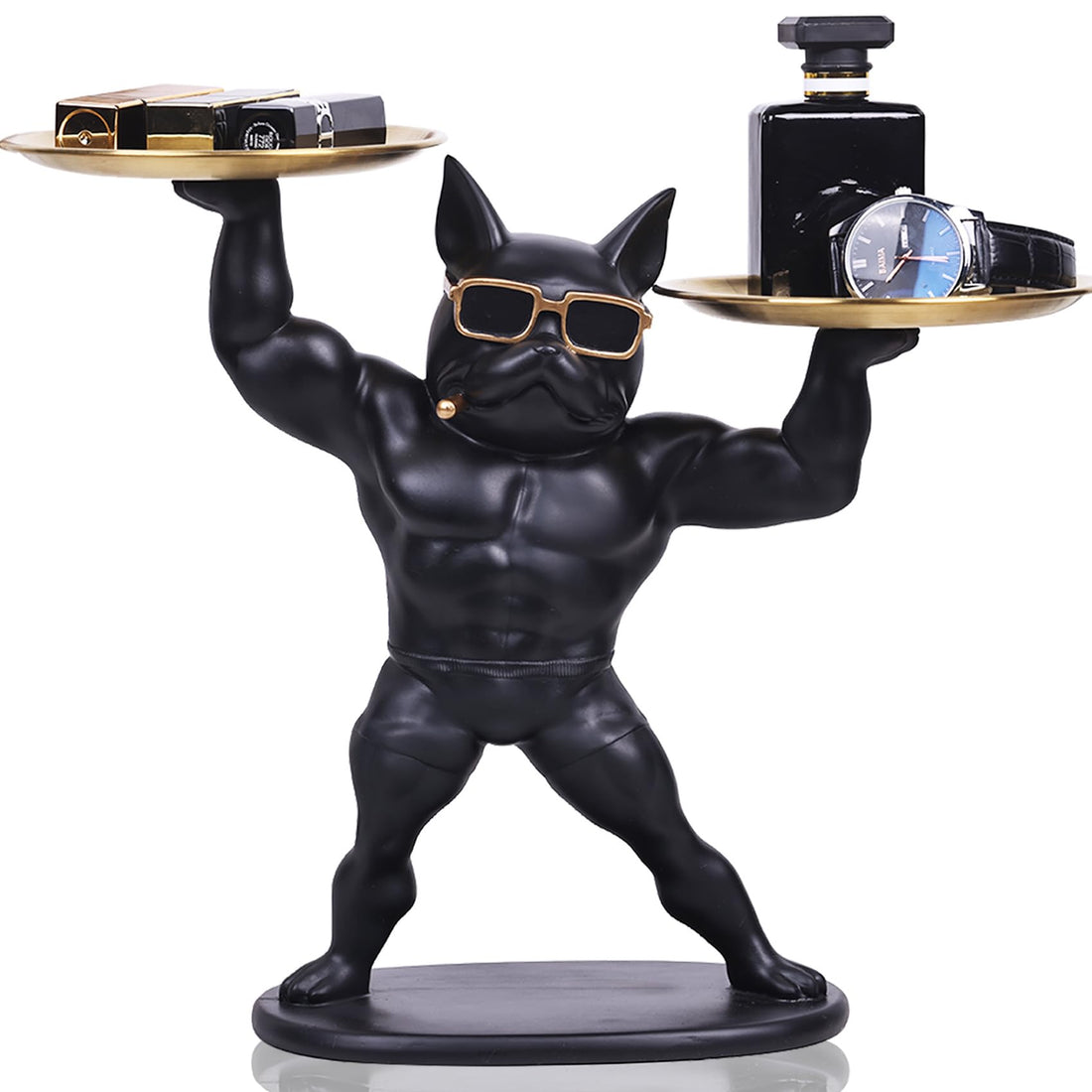 YUNSHID 13in Resin Muscle French Bulldog Statue with 2 Trays, Multi-Functional Bulldog Storage for Key Candy Jewelry, Black Dog Statue for Modern Home Decor