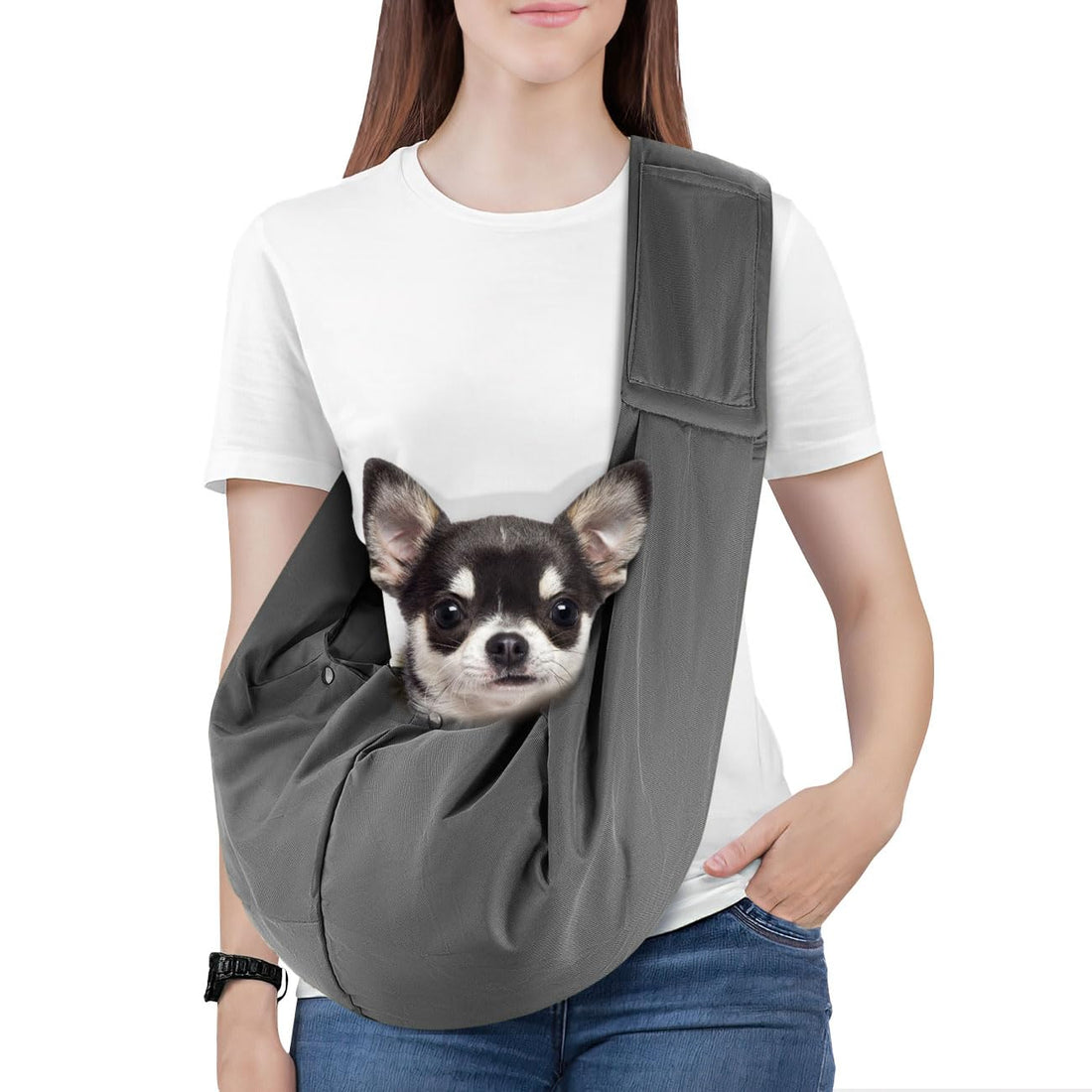 Pawaboo Small Dog Sling Carrier, Reversible Hands Free Dog Sling Carriers for Small Dogs and Cats, Puppy Slings Carrier with Adjustable Strap Buckle & Safety Harness, Puppy Essentials, Dark Gray