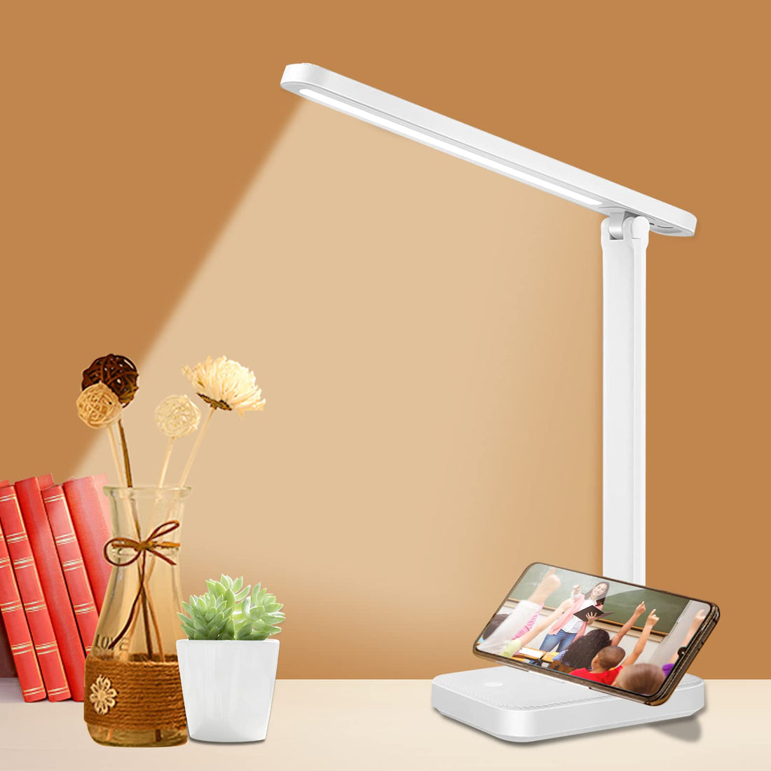 Nizirioo LED Desk Lamp, White Faux Leather, 3 Modes & Brightness Levels, USB Port, Multi-Angle Foldable, Eye Protection for Reading, Writing, Office