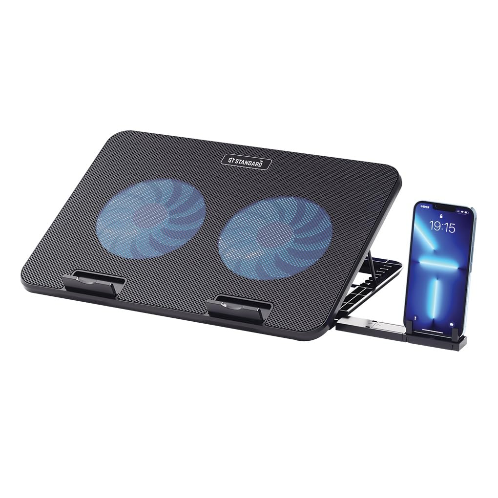 Standard ICE02 Laptop Cooling Pad Stand With Mobile Holder – 2x Blue Led BIG Fans (12.5 cm) – 2 x USB – Support 12 UP to 15.6 Inch | Black
