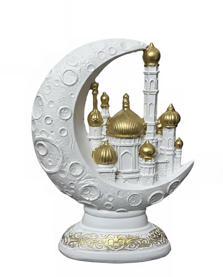 Stellar Stores Elegant Ramadan Crescent Moon & Mosque Tabletop Decor, White and Gold Lunar Mosque Sculpture, Ramadan & Eid Home Decoration