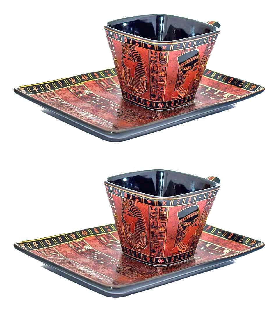 pack of 2 Coffee mug and 2 of it's plate of immatgar pharaonic Coffee mug ancient Egyptian souvenirs gifts for women and men from Egypt - mother day gifts (3kings - square - Red - 75 MM)