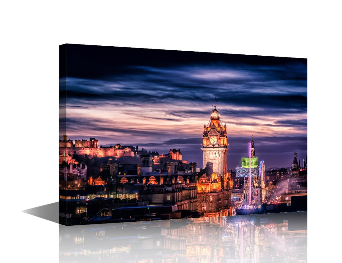 TISHIRON Edinburgh Scotland View from Calton Hill Modern Cityscape Wall Art for Living Room Wall Decor City Skyline Paintings on Canvas Stretched and Framed Prints 24"x16"