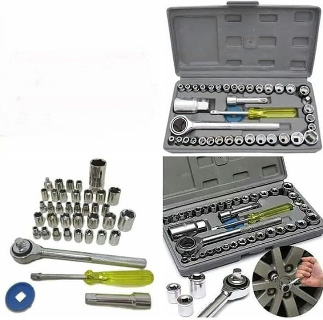 40-Piece Socket Wrench Set – 1/4" & 3/8" Drive Ratchet Handle with Metric & SAE Sockets – Professional Hand Tool Kit for Home, Car, and Workshop