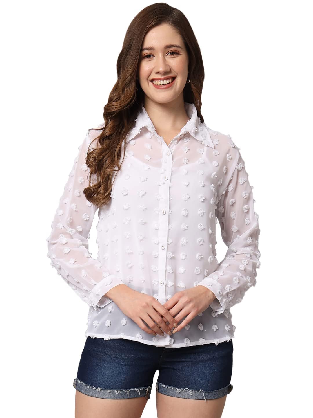Sunset Women's Solid Sheer Big Dots Chiffon Rich Blouse