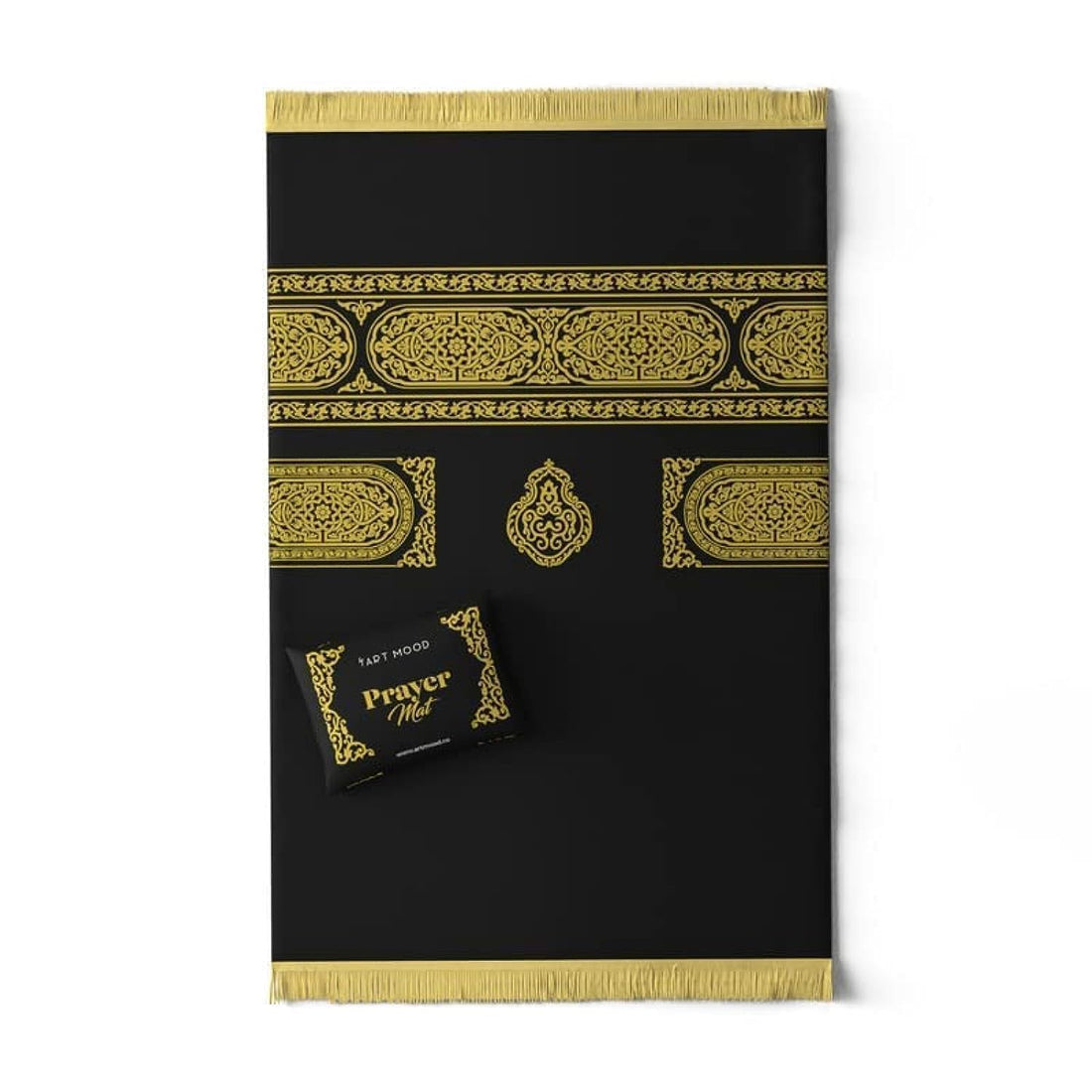 ART MOOD HOME Prayer Mat Padded Mecca, Velvet with Elegant Design, Soft Low Pile with Supportive Cushioning, Lightweight and Foldable for Home and Mosque, 117L × 68W cm, Gold and Black