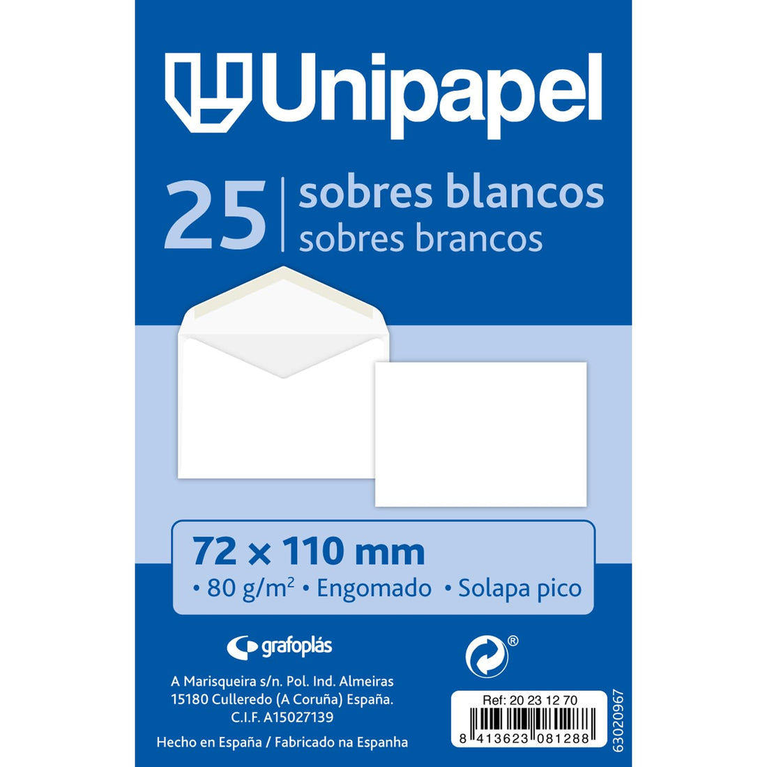 Unipapel | Pack 25 Small White Envelopes with Peak Flap | White Paper 80 g | Gummed Closure | Measures: 72 x 110 mm | Perfect for Gifts or Thank You Notes