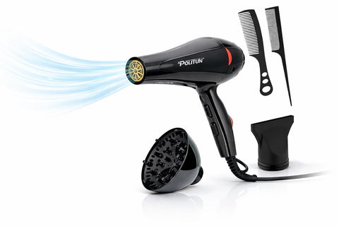 POLITONE 5000W Professional Hair Dryer, Fast Drying Powerful Motor, 3 Heat Settings, 2 Speeds, Detachable Condenser and Overheating Protection, PT-V12 Black