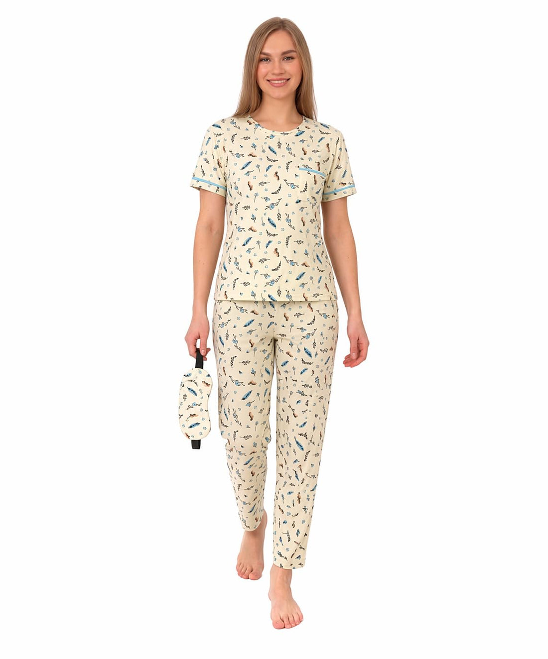Women Summer 2 Piece Pajama Set (T-shirt and Pants) Soft Patterns Comfortable Everyday Wear with Stylish Sleep Glasses