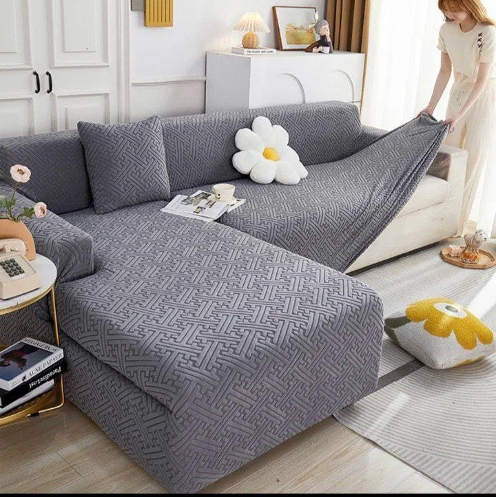 Generic L-Shaped Corner Sofa Cover, 6 Metres, Heavy Turkish Fabric, 2-Piece Set, Beige .flo (Grey)