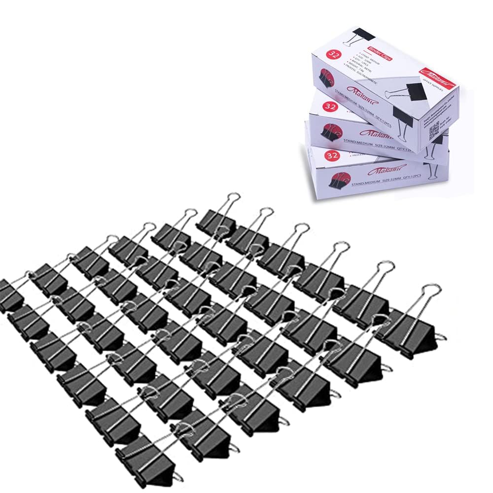 Medium Binder Clips, 36 Pack, 1-1/4 Inch, 1.25 Inch, Standard 32mm, Black, Capacity 0.6 Inch, Fold Clamp, Paper Clips, Office and School Supplies