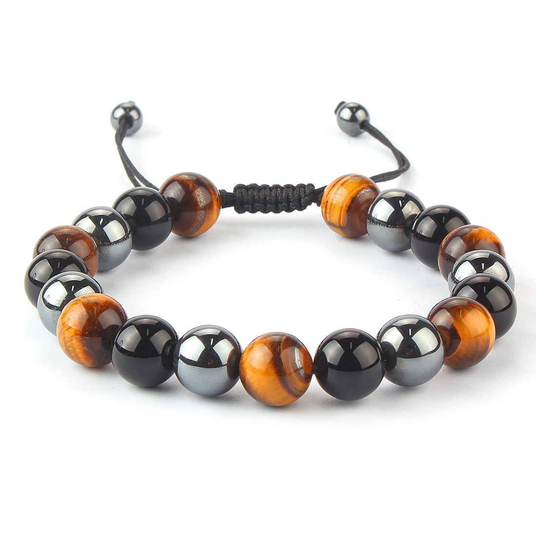 Triple Protection Bracelet, 10mm Hematite Tiger Eye and Black Obsidian Nature Stone Bracelet, Beads Adjustable Stress Relief Yoga Healing Couple Bracelet for Men Women, Bring Luck and Health