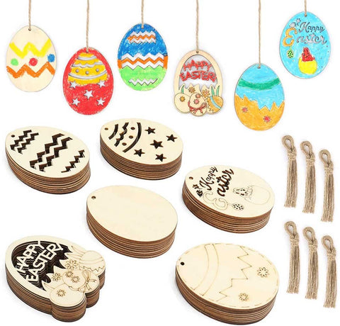 12 Pack Easter Egg Wooden Ornaments, Classic Styles of Easter Egg Hanging Wooden Pendants, Egg Shaped Cutouts Tree Pendant, Egg Hunt Activity Party Hang Tags Decor for Happy Easter Home Decorations