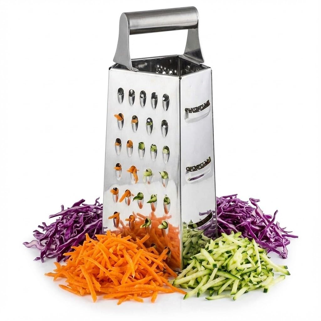 OVA Stainless Steel Four Sided Box Grater with Handle, Kitchen Grater and Slicer for Cheese, Vegetables, Fruits and Carrots, Dishwasher Safe Manual Grating Tool