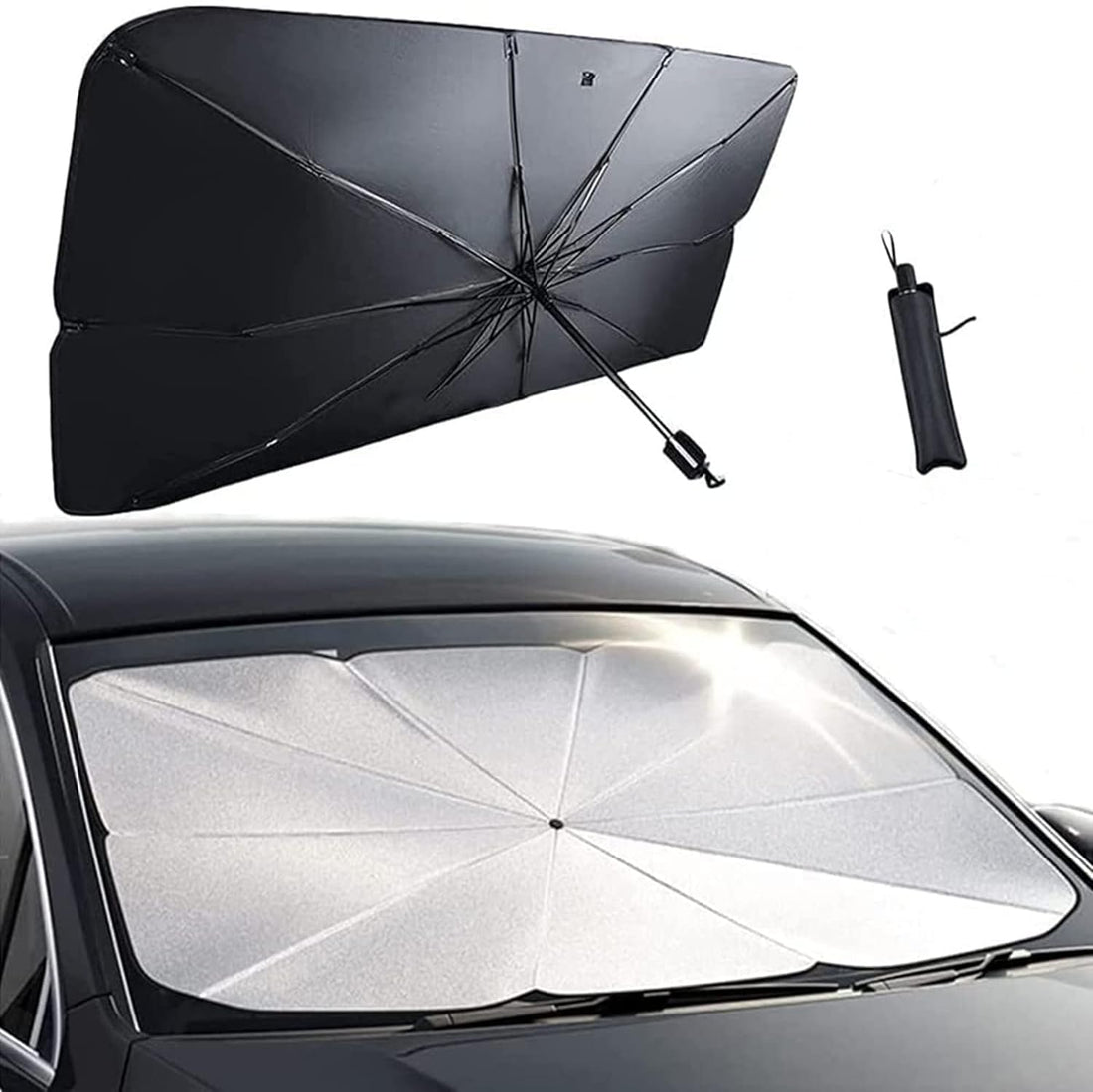 Lonimia Car Windshield Sun Shade Umbrella (55x 31inch), Foldable Car Umbrella Sunshade Cover UV Block Car Front Window (Heat Insulation Protection） for Auto Windshield Covers Trucks Cars （140x80cm）