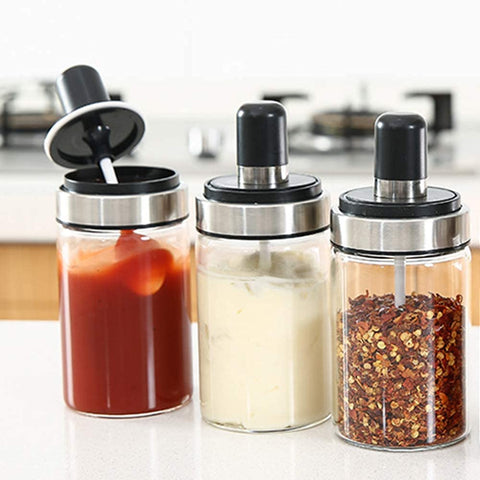Hells Kitchen Spice Jar With Spoon High Borosilicate Glass Jar For Salt, Spice, Honey, Sugar, Ghee Storage Bottle Glass Container Jar 250ml (SET OF 2)(Transparent)