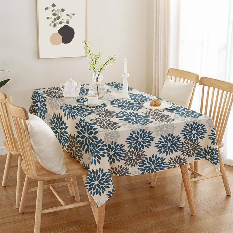 INTEX HOME Linen Velvet Floral Tablecloth, Textured Fabric for Elegant Dining, Special Occasions and Home Decor, Ultra-Soft, Wrinkle-Resistant, Spill-Proof, 130 x 220 cm, Blue x Grey