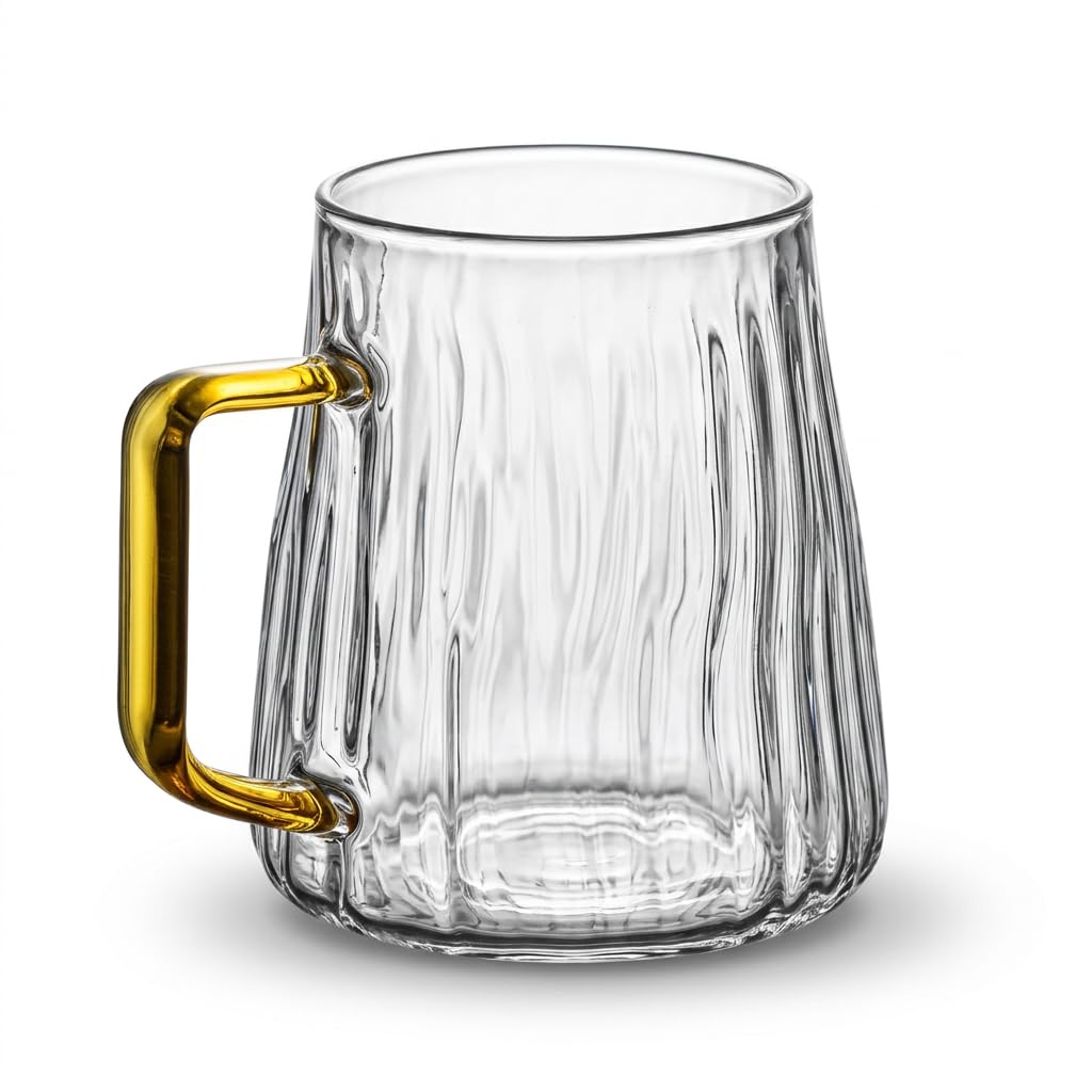 Glass Tea Coffee Mug Cold Drink Cup with Large Yellow Handle - 400ml - Conical Shape, (4)