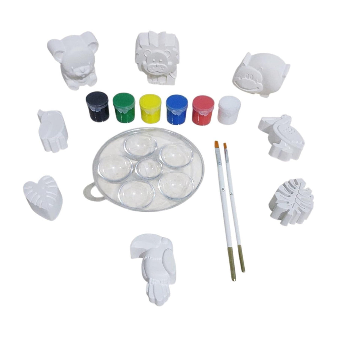 Gypsum Painting Kit |(17-Piece) Includes 8-Wild Animals & Tropical kingdom Figurines, 6-Acrylic Paints, 2-Brushes and 1-Mixing Palette | Fun Screen-Free DIY Craft Activity for Creative Kids.
