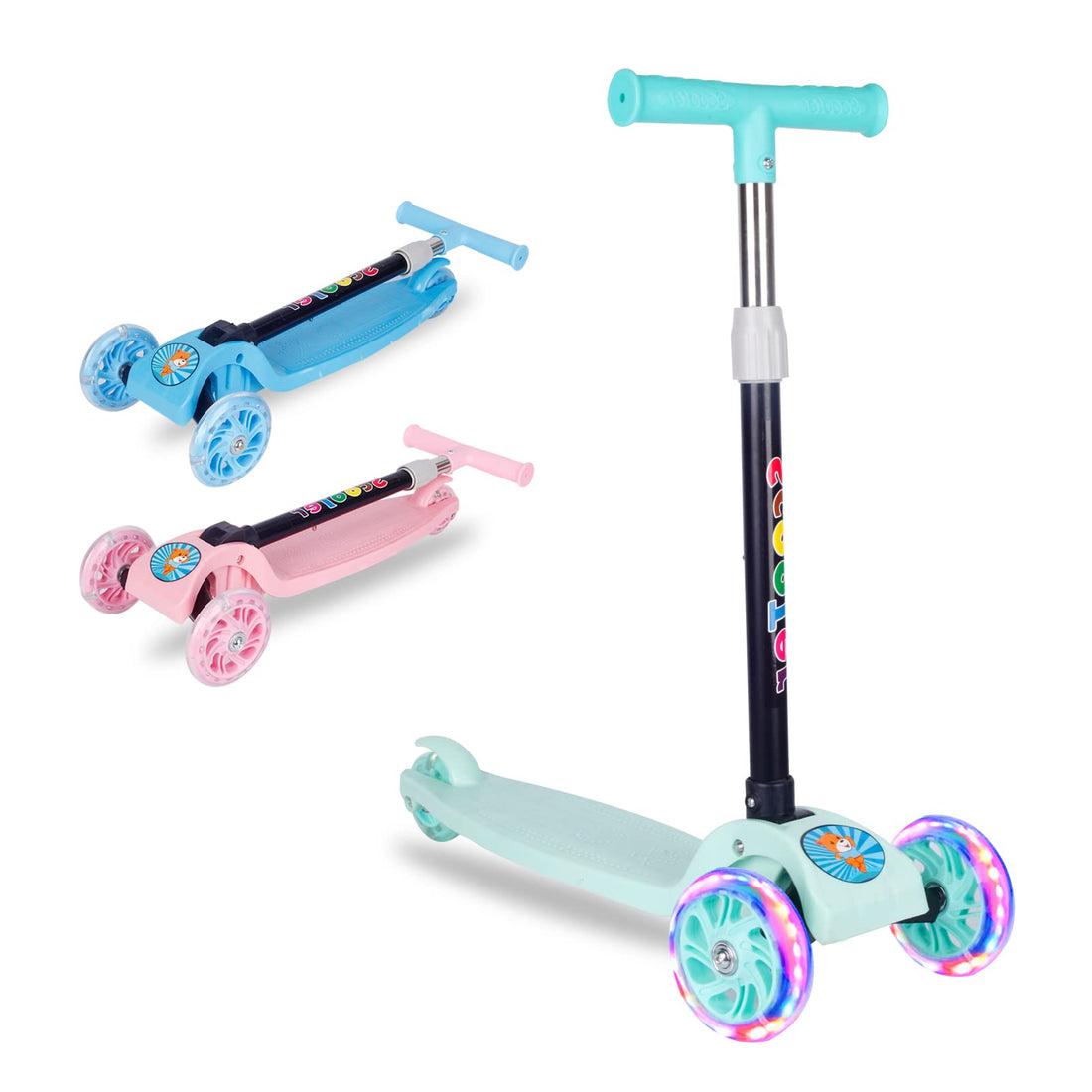 Beauenty Scooter For Kids,Adjustable&Folding 3 Wheel Scooter,LED Light Up Wheels,for 2-8 Years Old (Green)