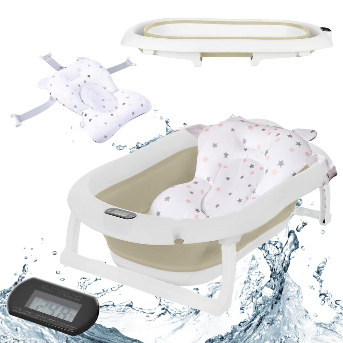 Primabobo Foldable Baby Bathtub, Large Baby Tub, Children's Bath with Bath Seat, for Babies from 0-36 Months (Premium Beige (Bath Pillow, Thermometer), Foldable Baby Bathtub)