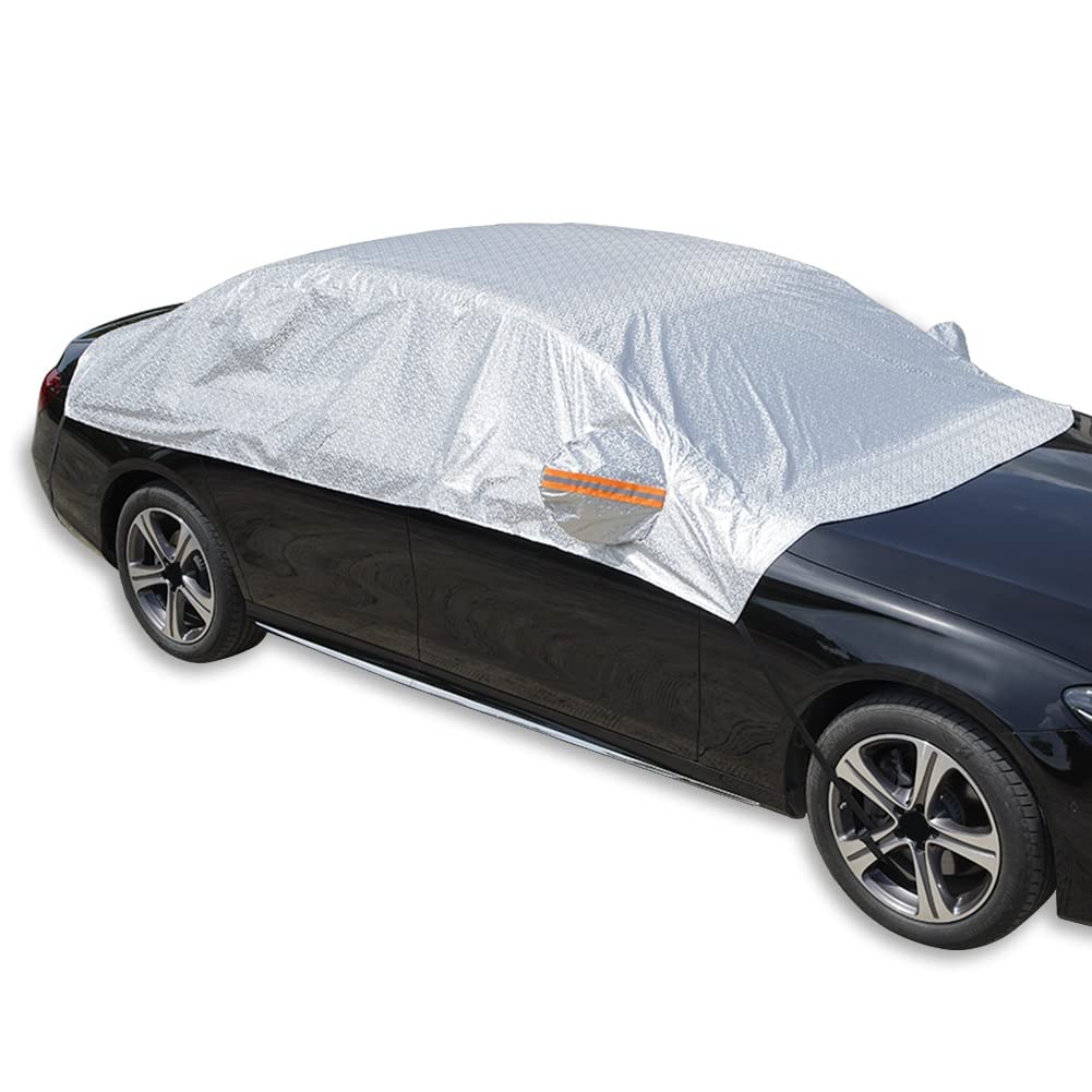 Car Cover Car Tarpaulin, Anti-UV and Windproof Half Cover for Automobiles, Sun, Rain, Dust, All Weather, Windscreen, Side/Rear Window, Universal Fit for Sedan 185 Inches