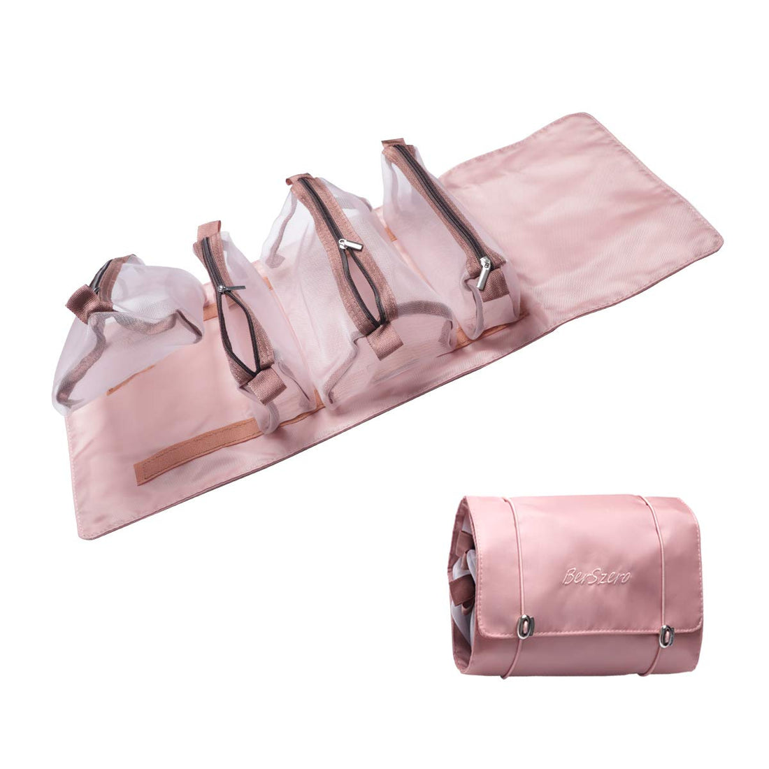 BerSzero Portable makeup bag Travel Toiletry Bag Cosmetic Organizer Cosmetic Bag Case Organizer Pouch with Mesh Bag Brush Holder Make Up Toiletry Bags for Women and girl, Pink