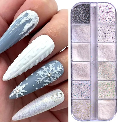 Glitter Sugar Powder Mermaid Sandy Coating Flakes Sequins 12 Grid Design Decoration For Nails Manicure Tool Acrylic Nail Kit (Sugar Powder)- 1 box - 12 color