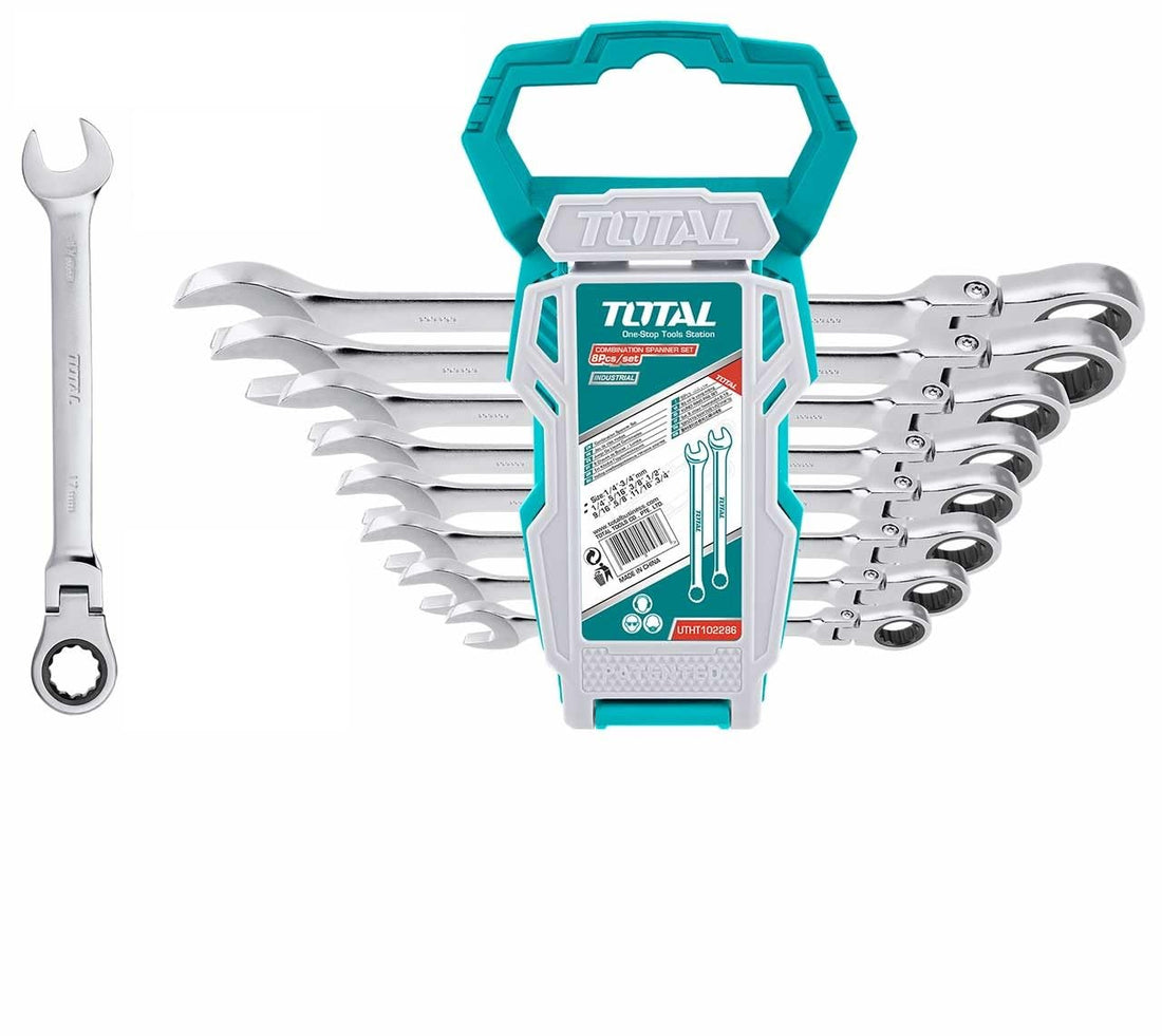Set of 8 ratchet combination wrenches with joint from 8 to 19