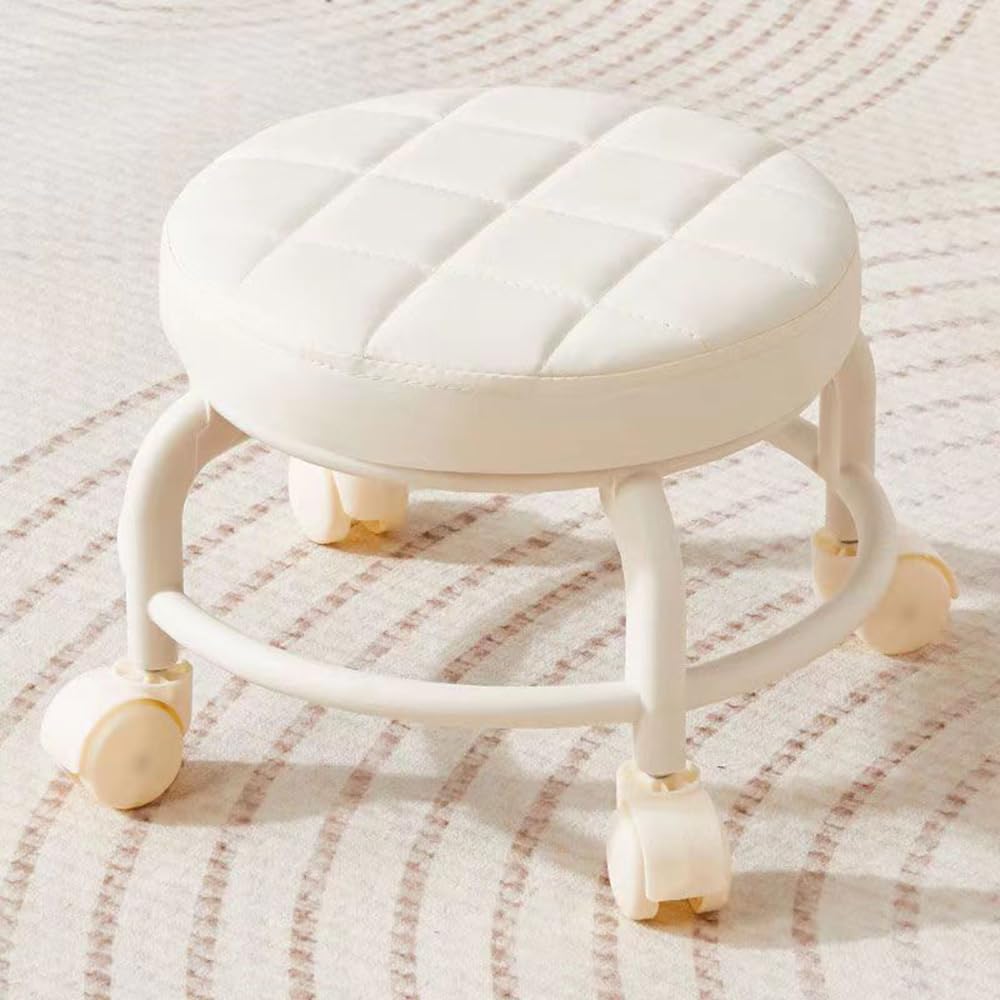 Hbluefat Low Rolling Stool with 360°Swivel Caster, Low Roller Seat Wheel Stool Chair, PU Leather Metal Frame Rolling Stool,Sturdy Movable Mini Stool for Home Office Garage Shop Fitness Sport (White)
