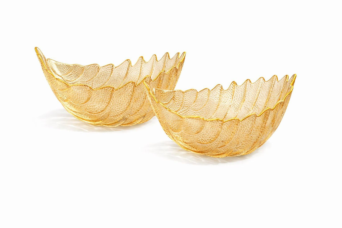 Glass Serving Bowl Set 2 Pieces – Leaf Design Glass Bowls for Salad Fruit Dessert Snacks Candy Table Serving and Kitchen Tableware (Amber)
