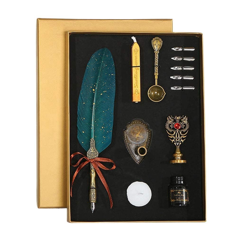 Red Square Feather Calligraphy Pen Ink Set, Quill Pen Set Includes Feather Dip Pen, Ink, 5Replacement Nibs,3Wax Seal Sticks, Pen Holder, Seal Stamp, White Wax, Spoon (Assorted)