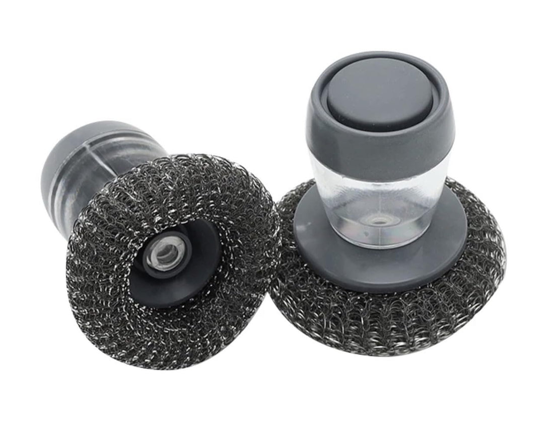 Soap Dispensing Brush-Dish Soap Dispenser Dishwasher Cleaning Brush Pot Scan Pad Metal Dish Cleaner for Kitchen