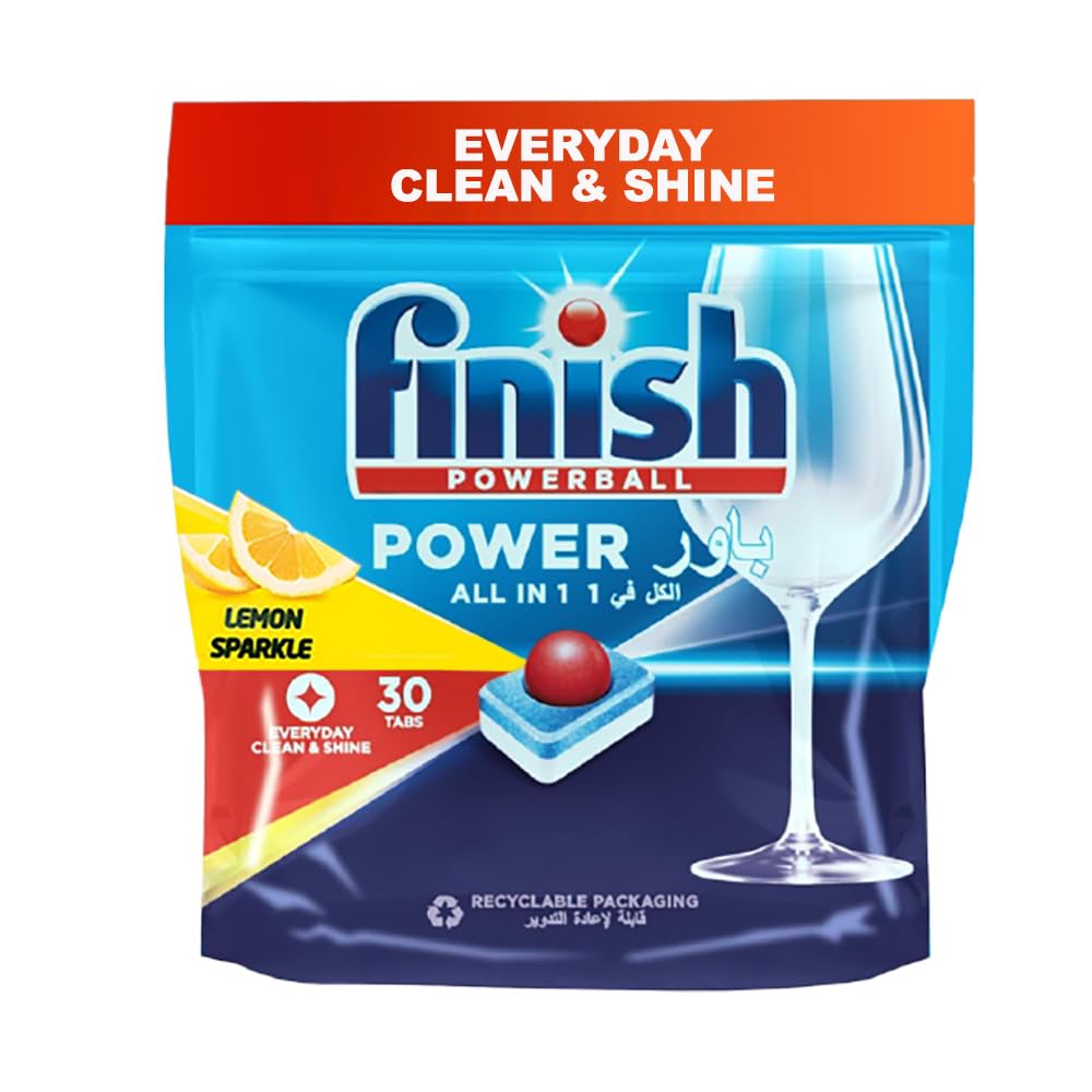 Finish Lemon Sparkle Powerball Dishwasher Detergent All in One Max Tablets for Powerful Clean Everytime, 30 Tabs