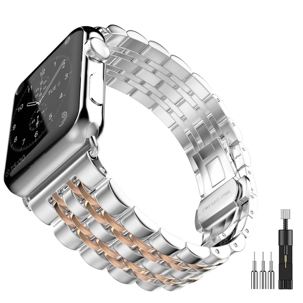 Metal Bands Compatible with Apple Watch Band 38mm 40mm 41mm, Silver Rose Gold Strap with Case Cover Compatible with iWatch Series 7 6 5 4 3 2 1 SE