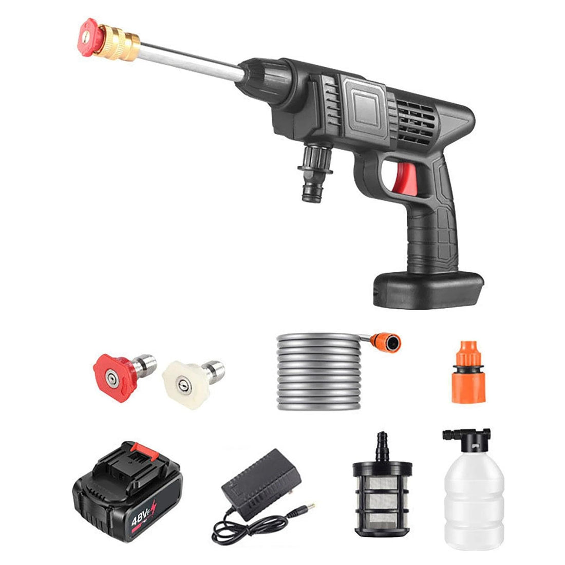 Portable Washer - 48V Rechargeable High Pressure Cleaning Device with Dual Batteries, Electric Gun, 3-in-1 Nozzle, and 5 Meter Tube for Car, Bike, and Garden Use, Offering Powerful Performance
