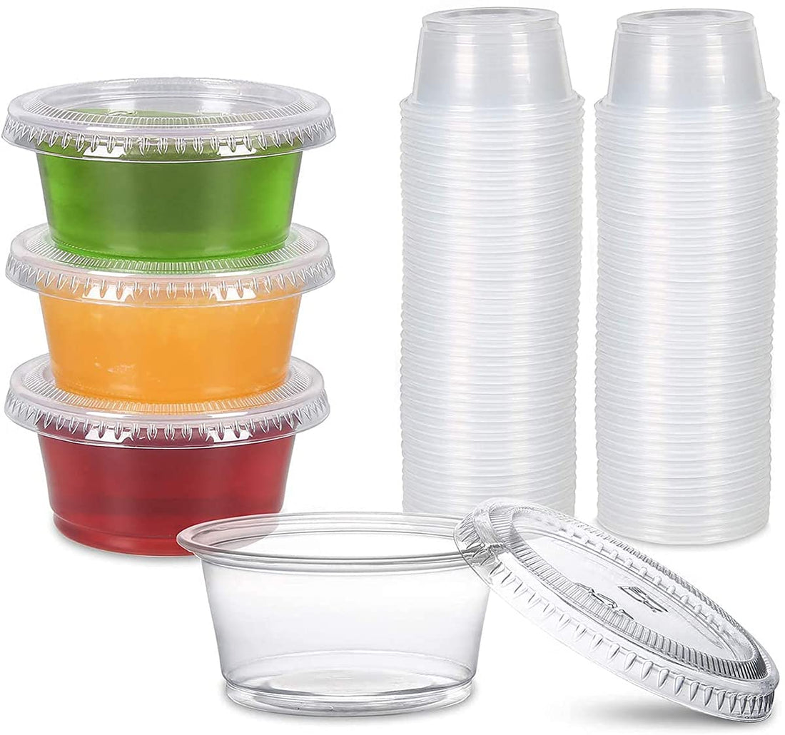 DELFINO Disposable Sauce Cup Disposable Plastic Portion Cups with Lids, Souffle Cups, Shot Cups, Meal Prep Containers [100 Sets - 2 oz] Condiment Cups, Jello Shot, Souffle Portion, Sampling Cups Clear