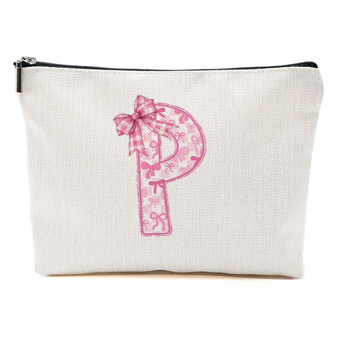 MQBMQB Personalized Initial Letter Makeup Bag, Rose Initial Cosmetic Bag with Zipper Birthday Gifts for Women Girls, Pink bow P, 9.62 * 7.42 Inches, Pink Bow