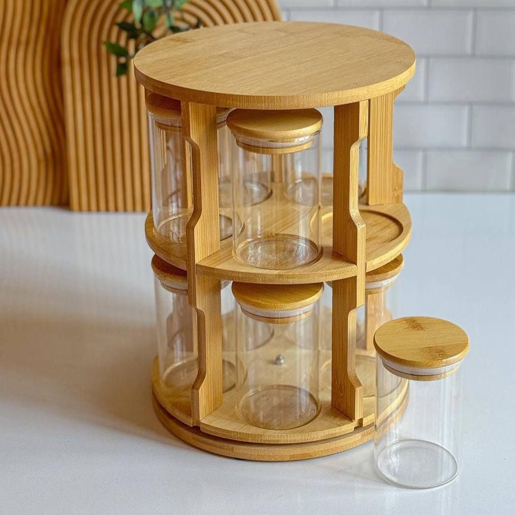 Ankh-Home-Supplies Rotating Bamboo Spice Rack Organiser with Glass Jars, 250ml Storage Containers