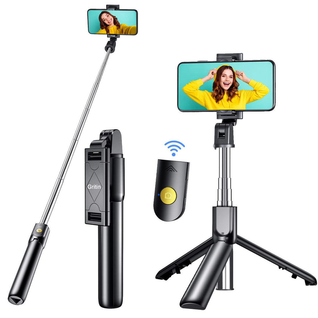 Gritin Selfie Stick Tripod, 3 in 1 Bluetooth Mobile Selfie Stick with Wireless Remote Control, Extendable Tripod for iPhone 14/14 Pro/11 Pro MAX/11