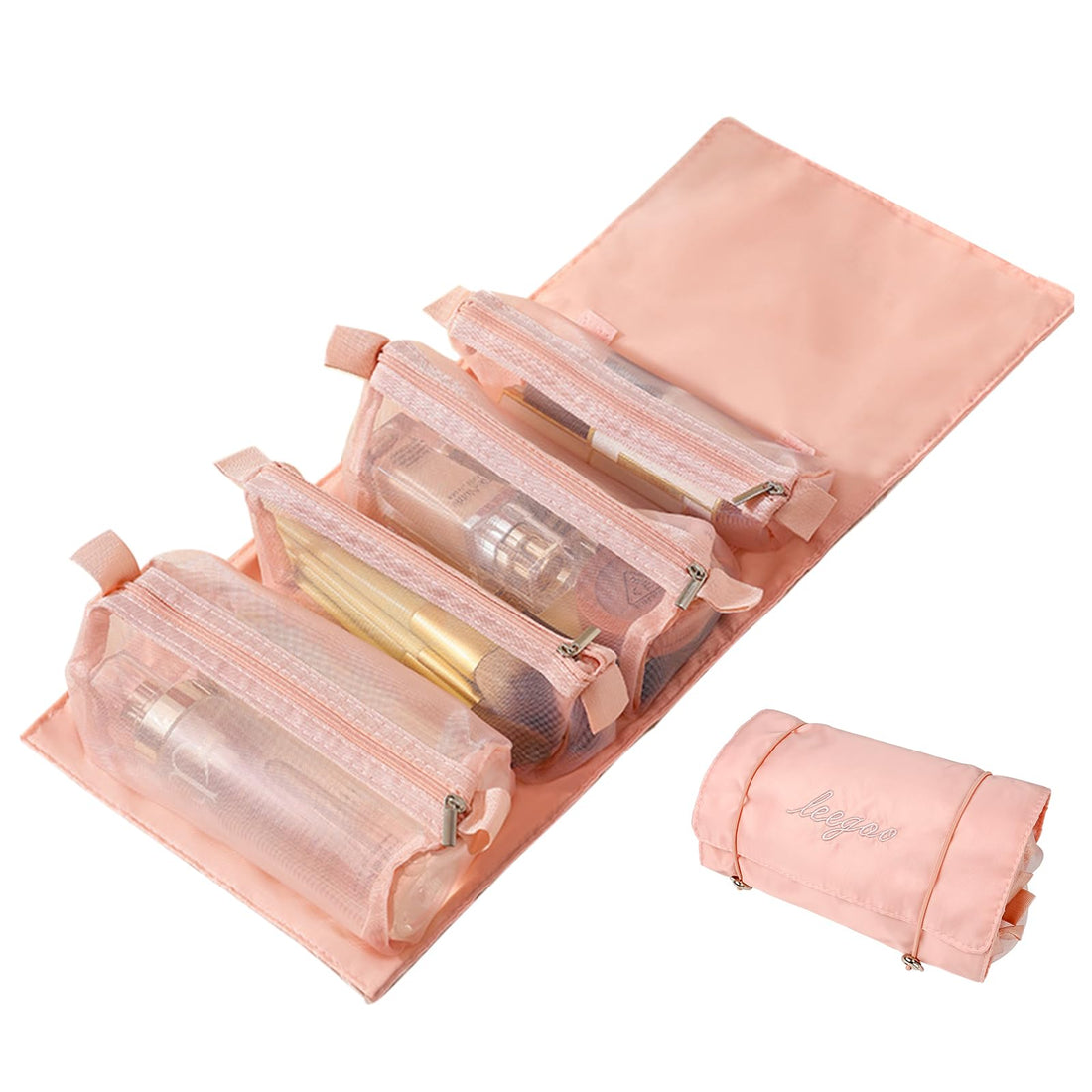 KissDate Makeup Bag, 4-in-1 Travel Makeup Bag Portable Waterproof Hanging Toiletry Bags Cosmetic Bags Makeup Organiser Make Up Bags for Women Girls(Pink)