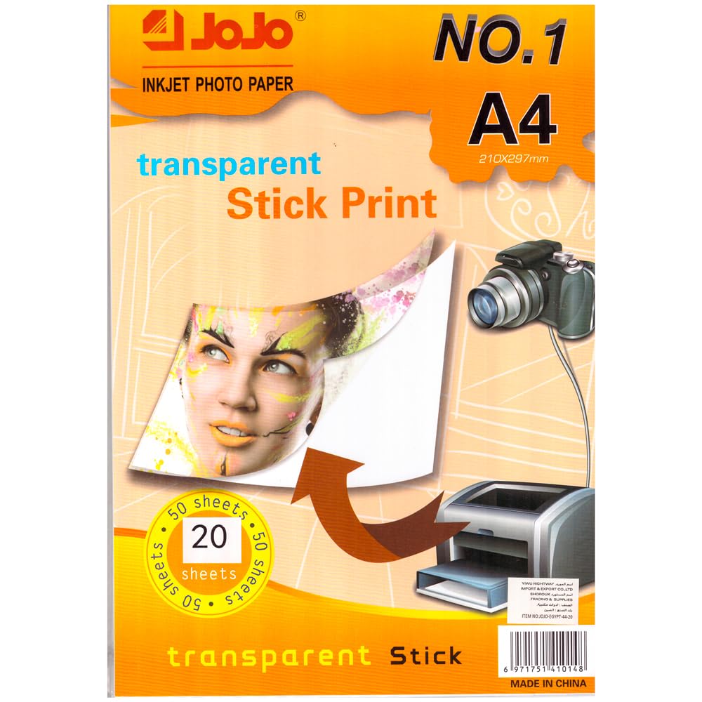 Waterproof JOJO Transparent PET Stick Photo Paper A4 Size 20 Sheets Pack | Inkjet Printable Clear Sticker Paper for High-Resolution Photos, Labels, Crafts, and DIY Projects
