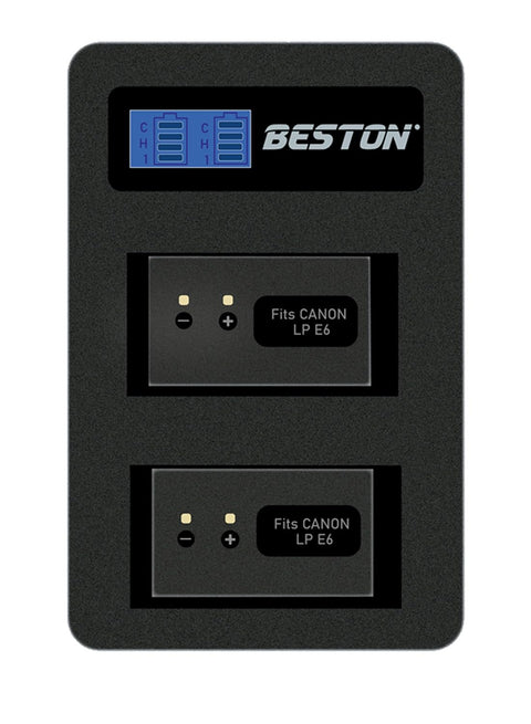 Beston Dual Port Charger for Canon E6 Batteries Allows Simultaneous Charging of Two Canon E6 Batteries, Perfect for Busy Photographers.