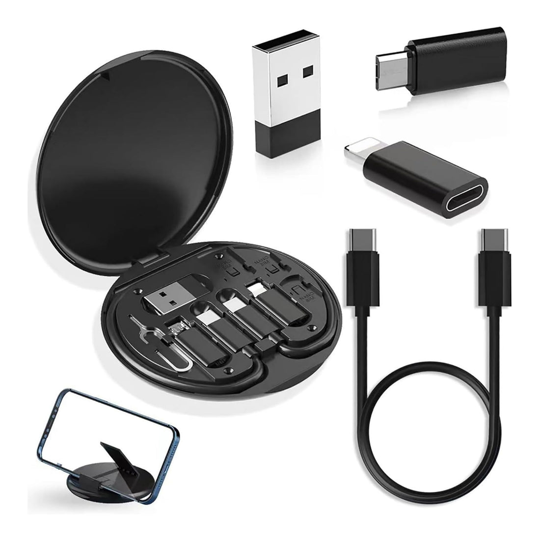ABIN USB Adapter, Micro USB Charging Cable with USB C Lightning Adapter, Lightning to USB C Adapter, Multi Charging Cable Storage Box Contains SIM Card Holder (Black)
