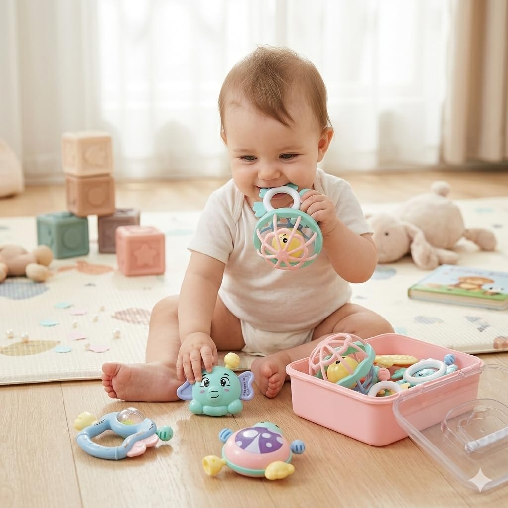 Baby Rattle Toy 0-12 Months, 11 Pcs Pink, Teething Toy with Storage Bag, Newborn Gift for Girls