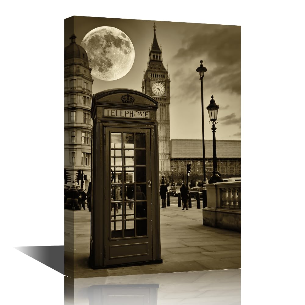 TISHIRON Black and White London The Big Ben Canvas Wall Art England Cityscape Painting Moon and A Phone Booth Pictures for Living Room Framed Stretched Ready to Hang 18x12 inch
